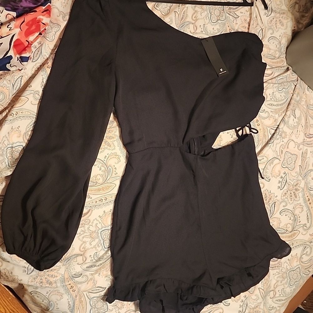 New Black LULUS Off The Shoulder Romper Side Cut Design OUT Ruffle